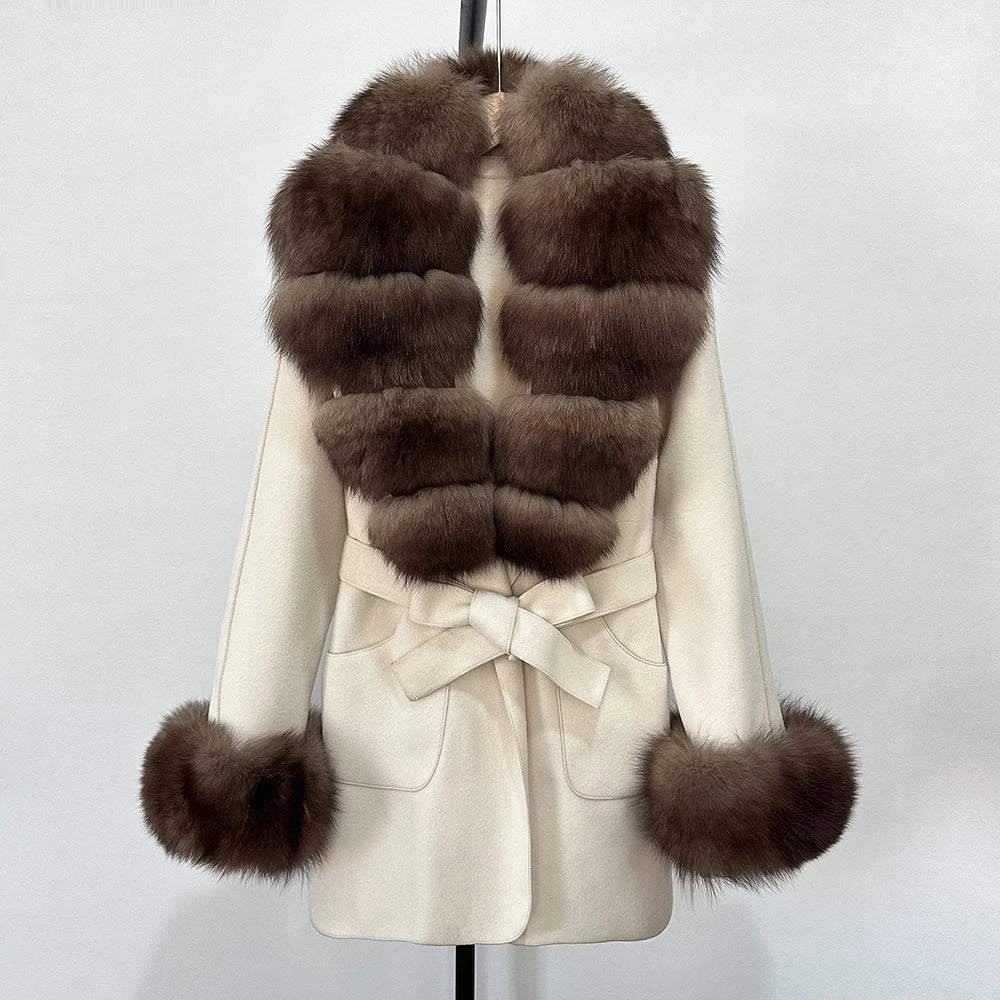 Fur Coat Natural Fur Collar Real Fox Fur Overcoat Female 2025 Autumn Winter Wool Coat Women Clothes Cuffs Woolen Jacket