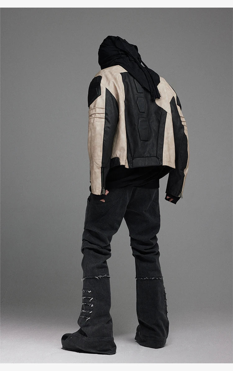 Mauroicardi Spring Autumn Cool Color Block Patchwork Pu Leather Jacket Men Zip Up Luxury Designer Clothes Runway Fashion 2023