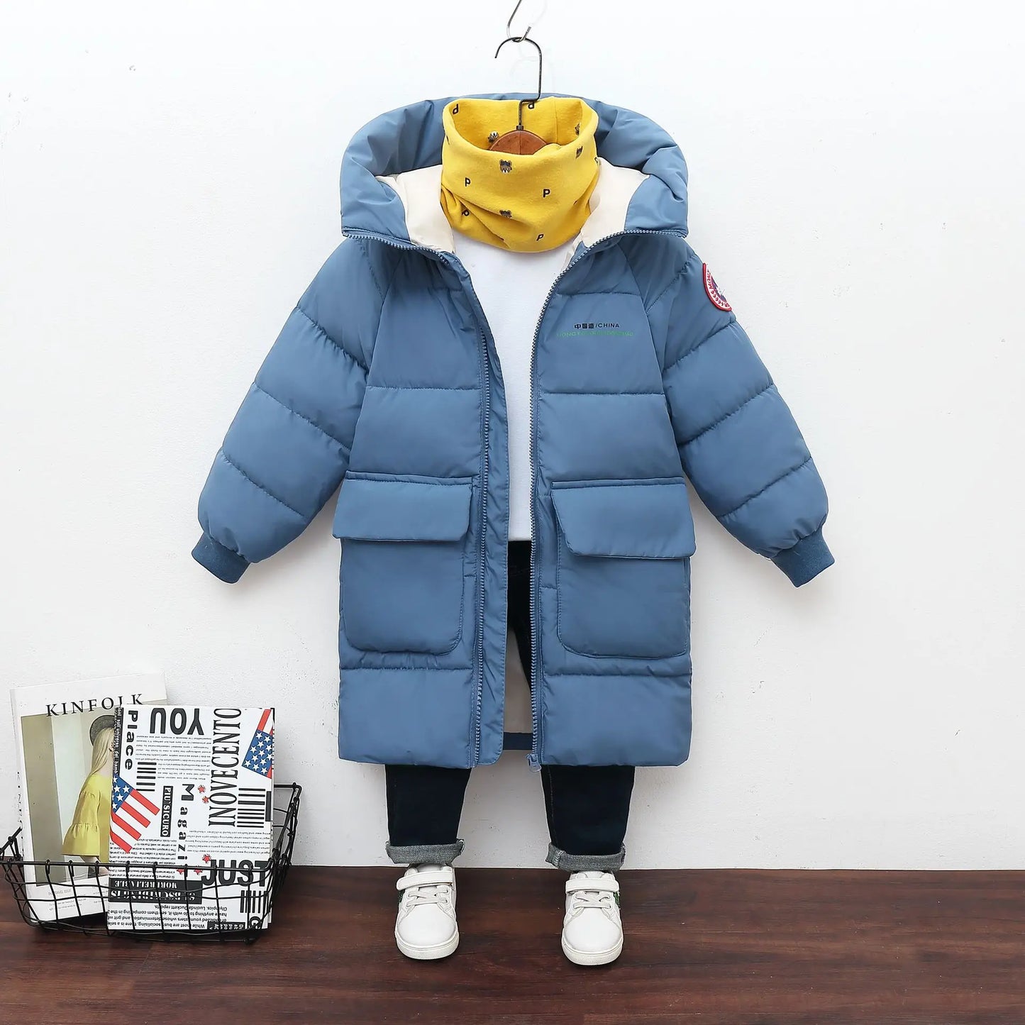 Children Down Cotton Winter Jacket Baby Boys Girls Korean Version Style Medium And Long Size Hooded Coat Baby Outerwear