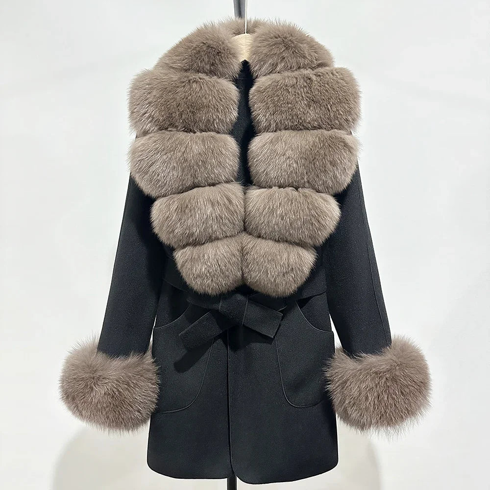 Fur Coat Natural Fur Collar Real Fox Fur Overcoat Female 2025 Autumn Winter Wool Coat Women Clothes Cuffs Woolen Jacket