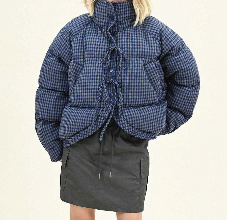 Bow Tie Plaid Short Cotton Jacket for Women in Winter Loose and Thick Cotton Padded Bread Jacket