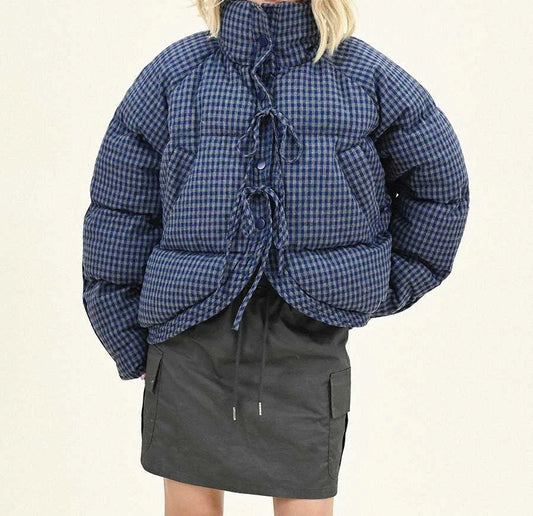 Bow Tie Plaid Short Cotton Jacket for Women in Winter Loose and Thick Cotton Padded Bread Jacket