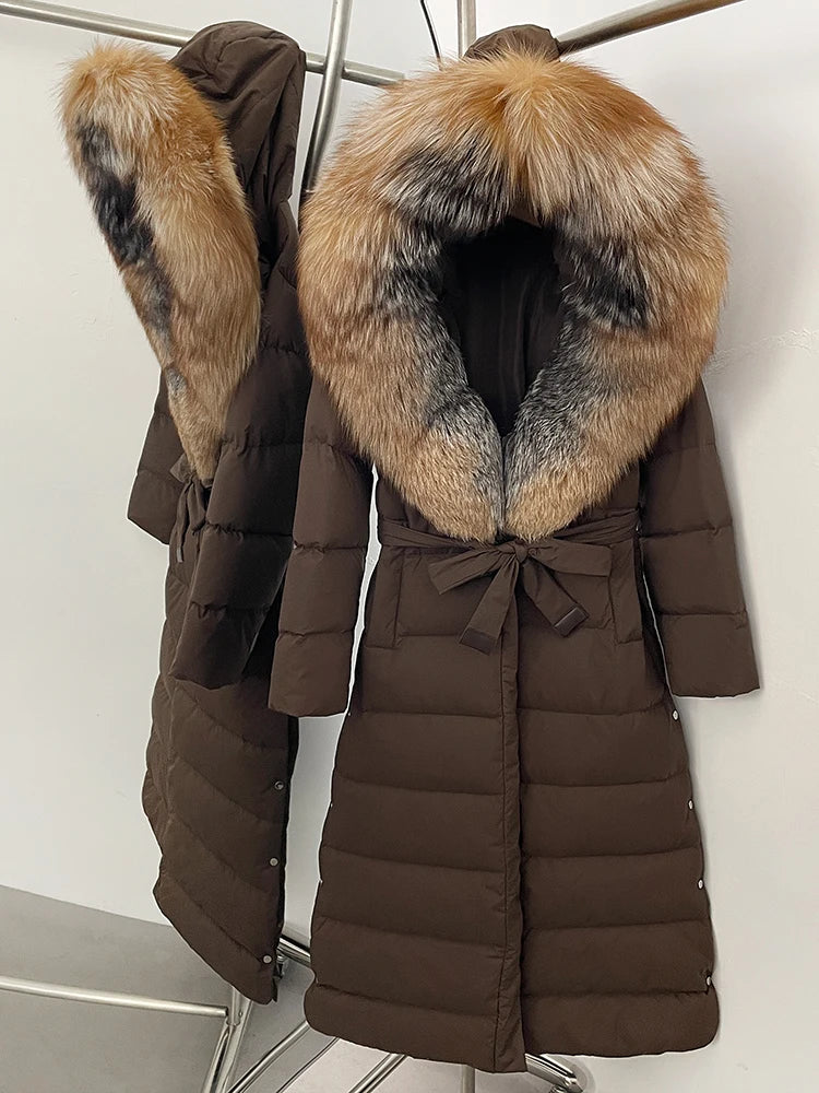 Hooded Winter White Duck Down Coat Large Real Fox Fur Collar X-Long Puffer Jacket Women Thick Female Parkas With Belt