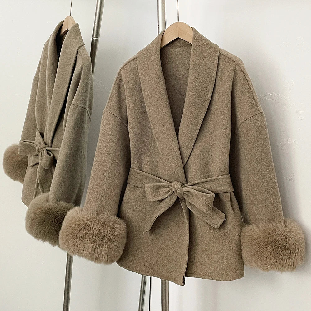 Wool Coat Faux Fur Women Overcoat Fake Fox Fur Patchwork Woolen Coat Fur Eco-friendly Lady Wool Jacket Artificial Autumn Spring