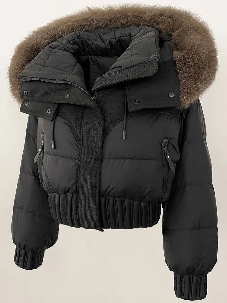 CXFS 2025 Winter Jacket Women Short Natural Real Raccoon Fox Fur Collar Hooded White Duck Down Coat Thick Warm Casual Outerwear