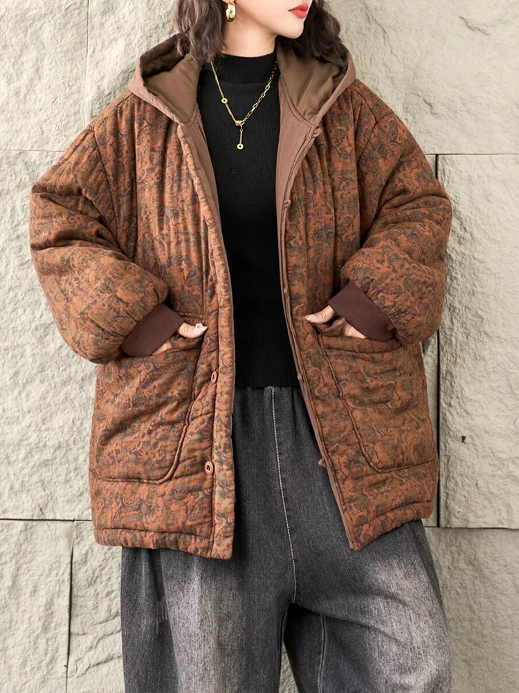 Floral Winter Warm Cotton Coats Ladies Oversized Printed Hooded Parkas Women Vintage Punk Thicken Padded Jackets