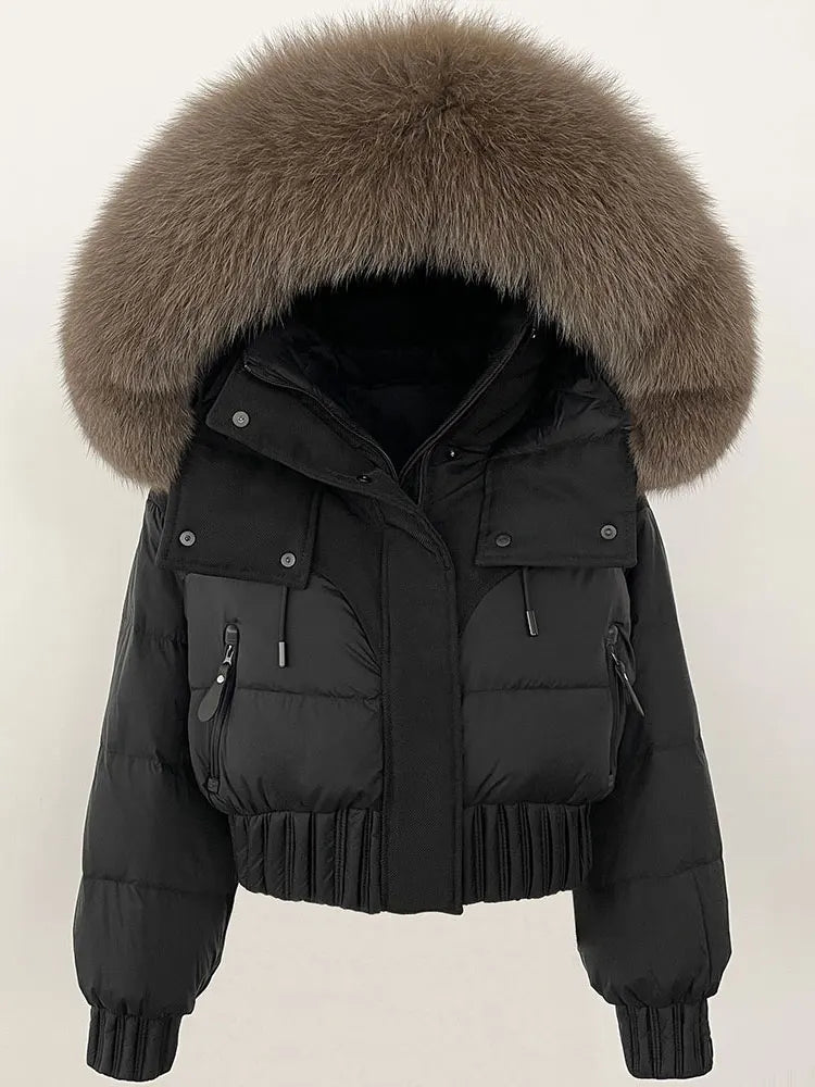 CXFS 2025 Winter Jacket Women Short Natural Real Raccoon Fox Fur Collar Hooded White Duck Down Coat Thick Warm Casual Outerwear
