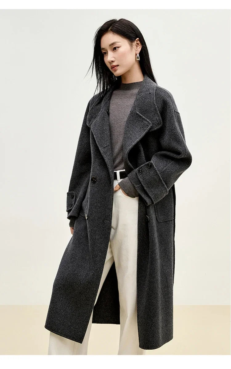 Korean Style 100% Wool Coats for Women 2024 Winter Oversize Warm Double Breasted Stand Neck Belted Outerwear W44O56385