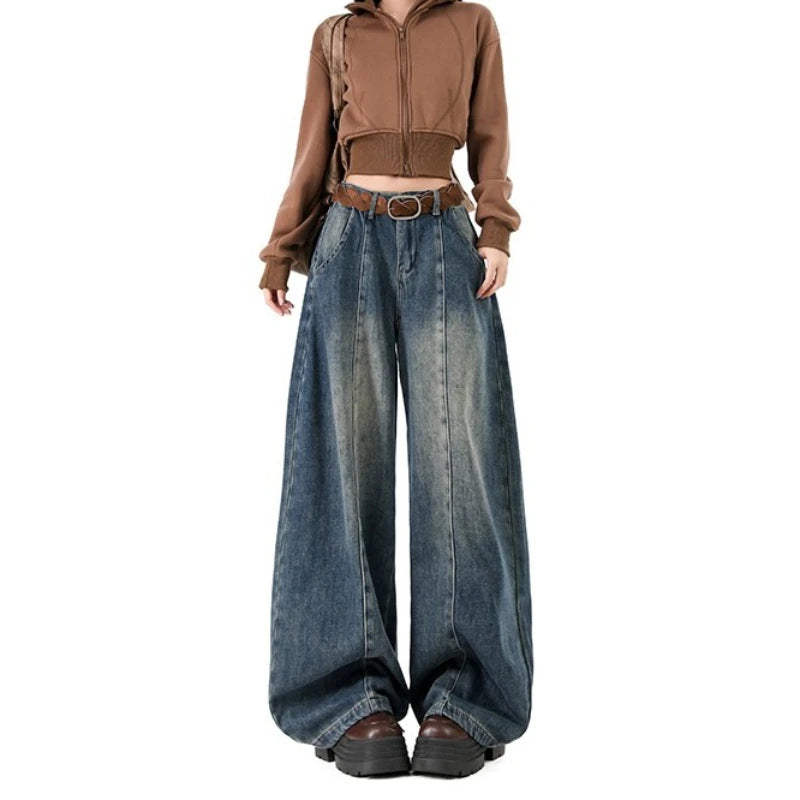 American Retro Plush Curved Knife Jeans – Autumn/Winter Wide-Leg Denim