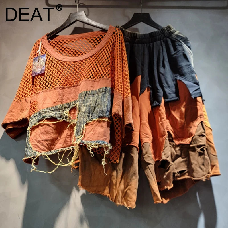 DEAT Fashion Women's Two-pieces Set Hollow Out Mesh Splicing Short Sleeve T-shirt Denim Fake Two Piece Pants Female 11A05416