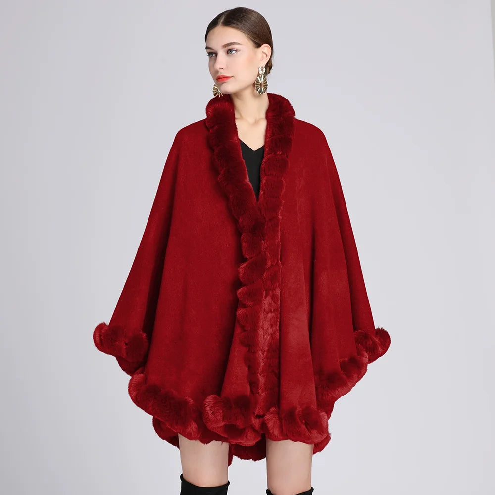 Fashion Handcraft Full Trim Faux Rex Rabbit Fur Cape Coat Loose Knit Cashmere Cloak Shawl Women Fall Winter New Pallium Outwear