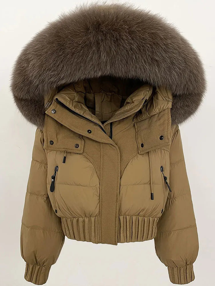 CXFS 2025 Winter Jacket Women Short Natural Real Raccoon Fox Fur Collar Hooded White Duck Down Coat Thick Warm Casual Outerwear
