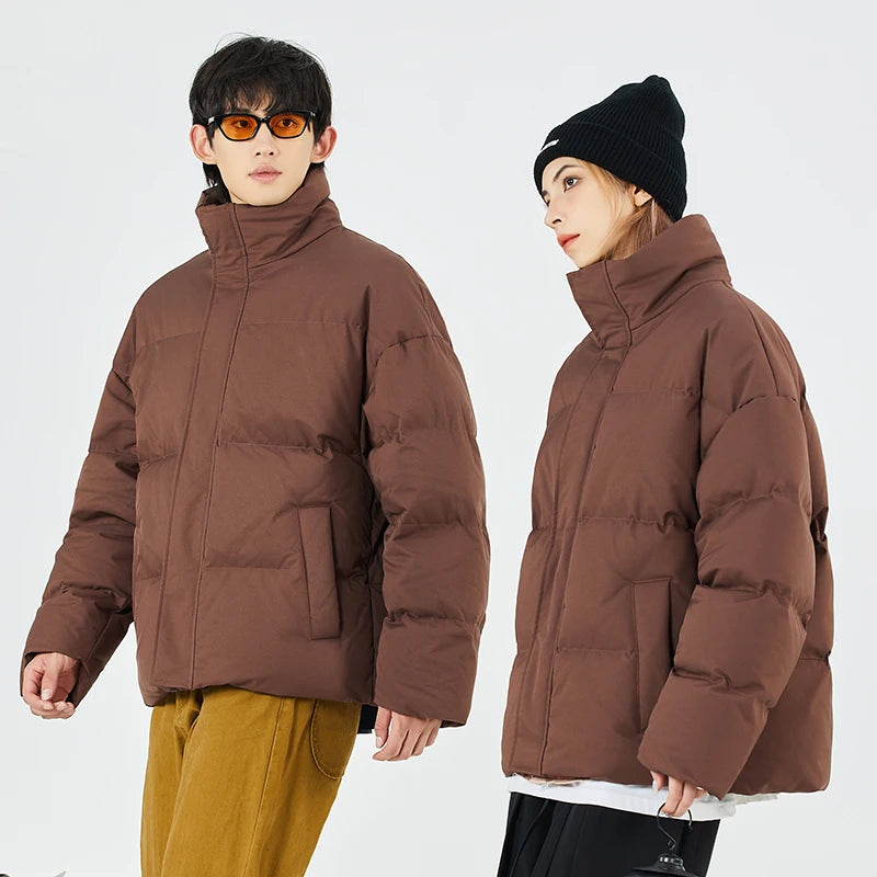 Unisex stand collar white solid color down Jacket Warm  Jackets Winter coat Loose Casual thick cotton Padded filled overCoat