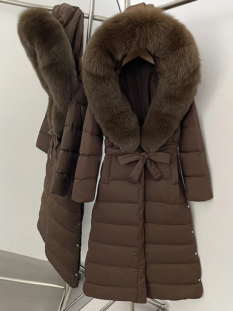 Hooded Winter White Duck Down Coat Large Real Fox Fur Collar X-Long Puffer Jacket Women Thick Female Parkas With Belt