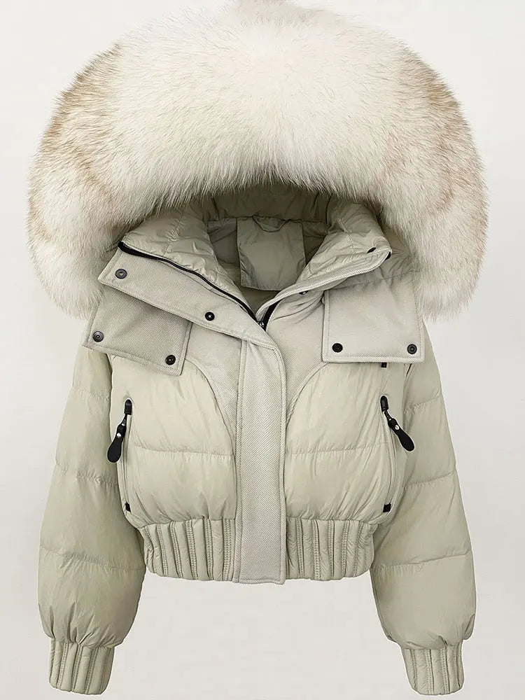 CXFS 2025 Winter Jacket Women Short Natural Real Raccoon Fox Fur Collar Hooded White Duck Down Coat Thick Warm Casual Outerwear