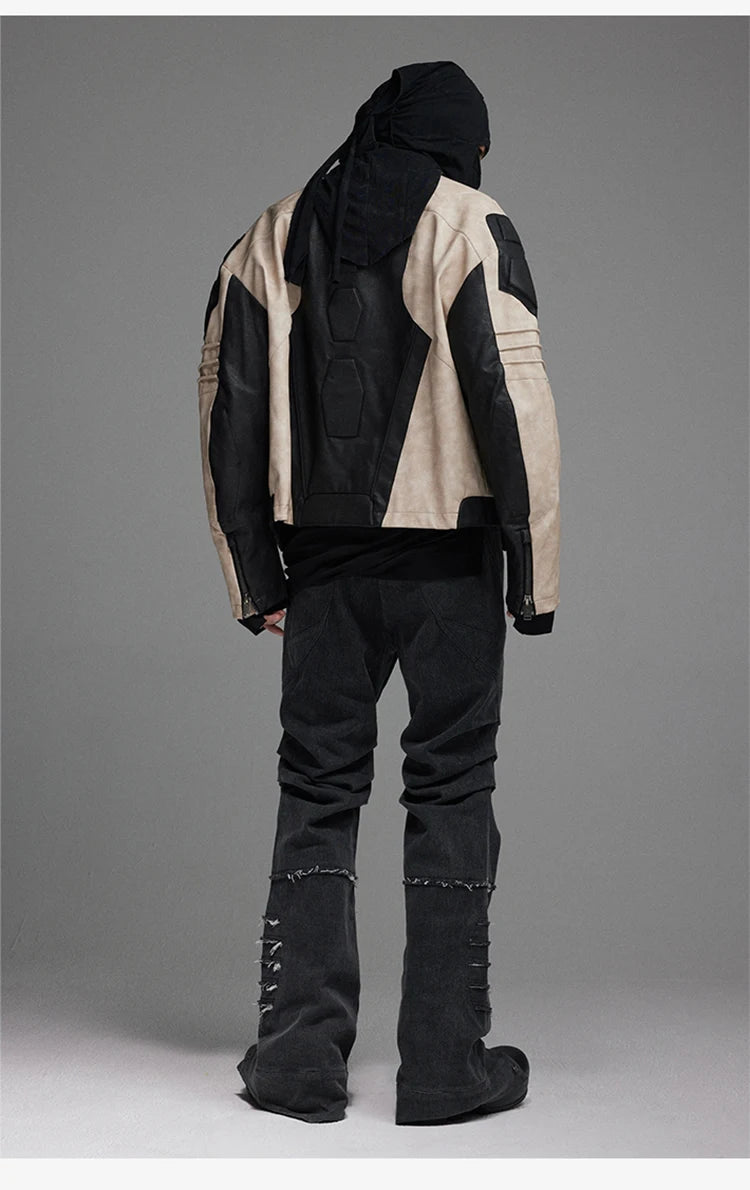 Mauroicardi Spring Autumn Cool Color Block Patchwork Pu Leather Jacket Men Zip Up Luxury Designer Clothes Runway Fashion 2023