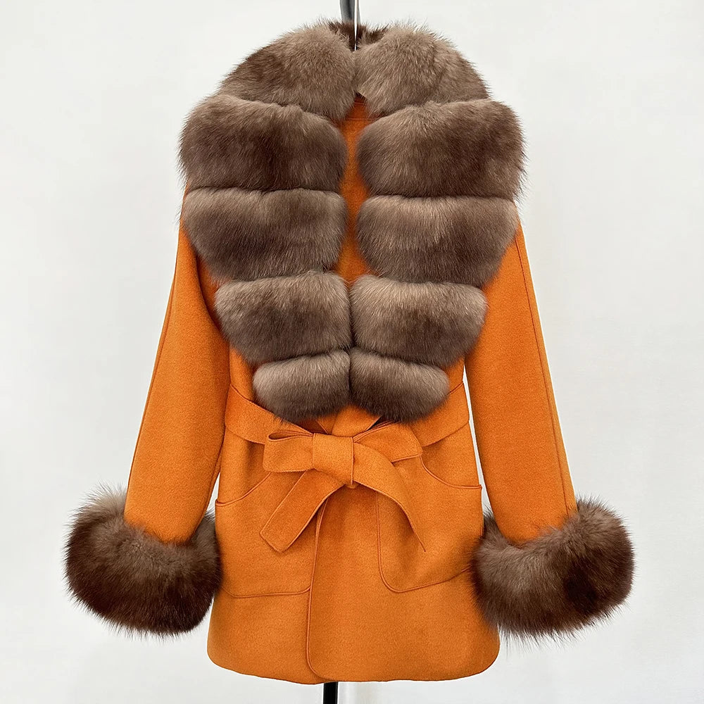 Fur Coat Natural Fur Collar Real Fox Fur Overcoat Female 2025 Autumn Winter Wool Coat Women Clothes Cuffs Woolen Jacket