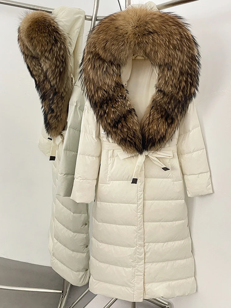 Hooded Winter White Duck Down Coat Large Real Fox Fur Collar X-Long Puffer Jacket Women Thick Female Parkas With Belt