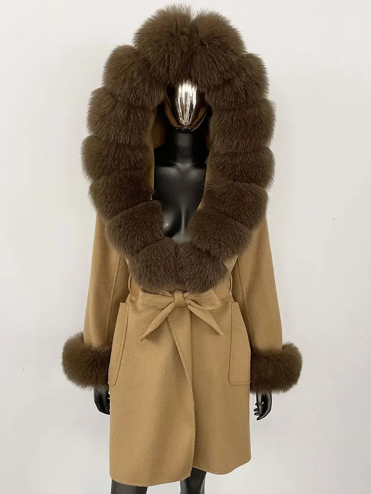 Natural Real Fox Fur Hooded Pocket Winter Jacket  100% Blends Wool Coat Women Loose Outerwear Casual Outerwear Streetwear