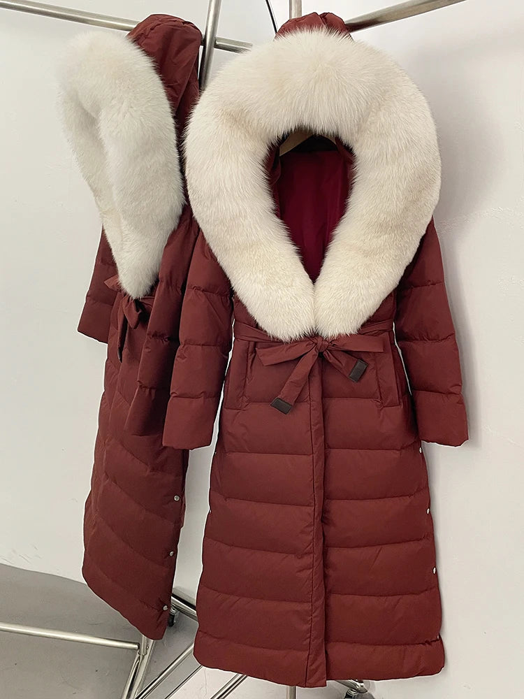Hooded Winter White Duck Down Coat Large Real Fox Fur Collar X-Long Puffer Jacket Women Thick Female Parkas With Belt