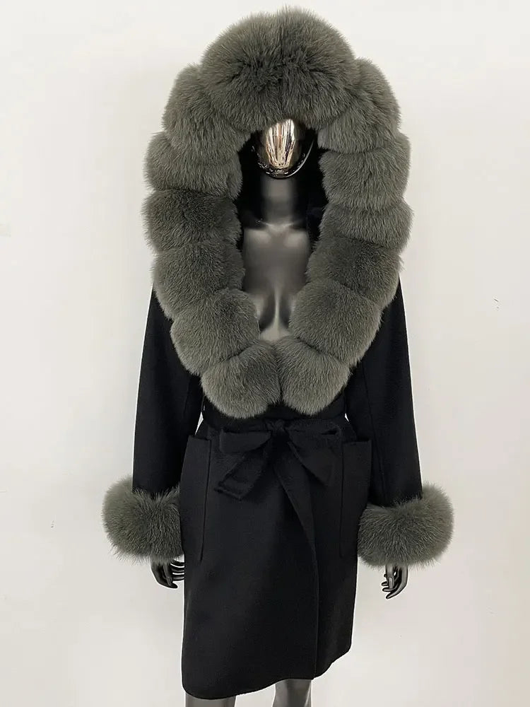 Natural Real Fox Fur Hooded Pocket Winter Jacket  100% Blends Wool Coat Women Loose Outerwear Casual Outerwear Streetwear