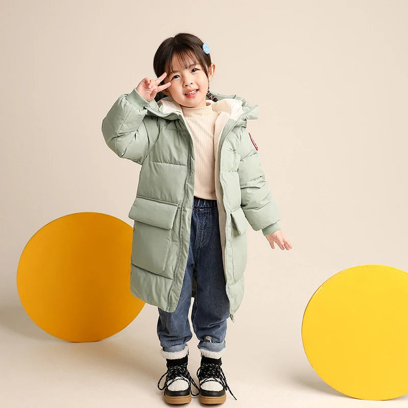 Children Down Cotton Winter Jacket Baby Boys Girls Korean Version Style Medium And Long Size Hooded Coat Baby Outerwear