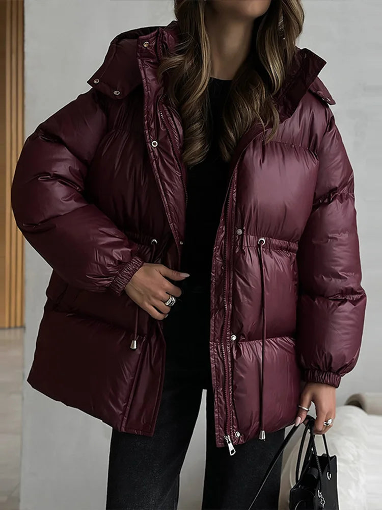 Retro Hooded Drawstring Padded Coat Women Fashion Casual Single Breasted Waist-cinching Cotton Coats Lady Winter Street Outwear