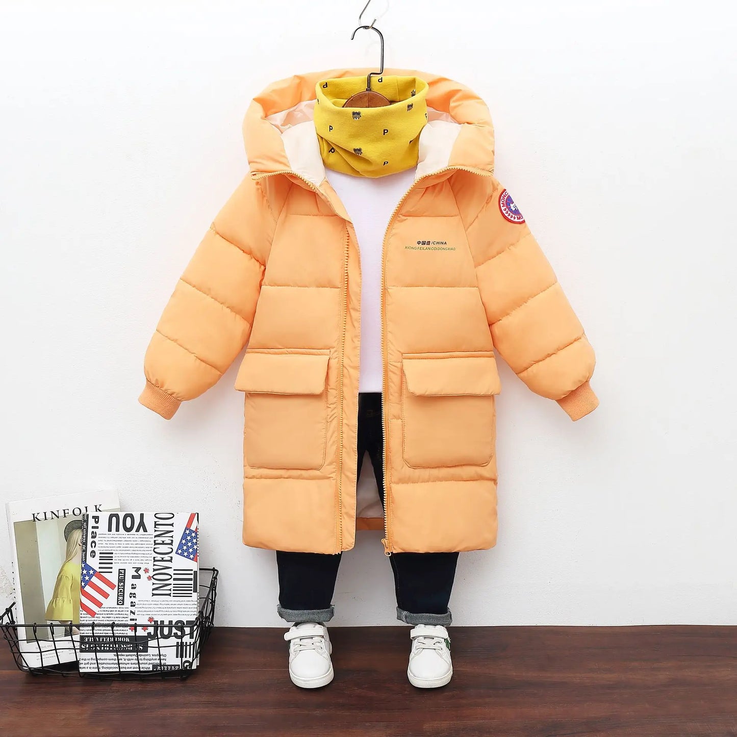 Children Down Cotton Winter Jacket Baby Boys Girls Korean Version Style Medium And Long Size Hooded Coat Baby Outerwear