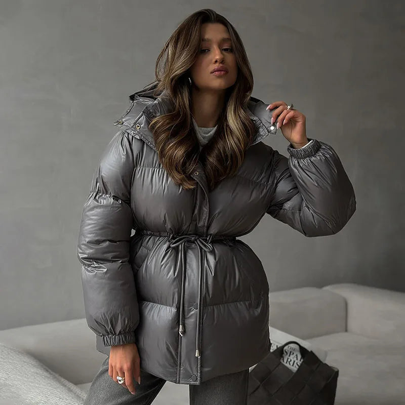 Retro Hooded Drawstring Padded Coat Women Fashion Casual Single Breasted Waist-cinching Cotton Coats Lady Winter Street Outwear