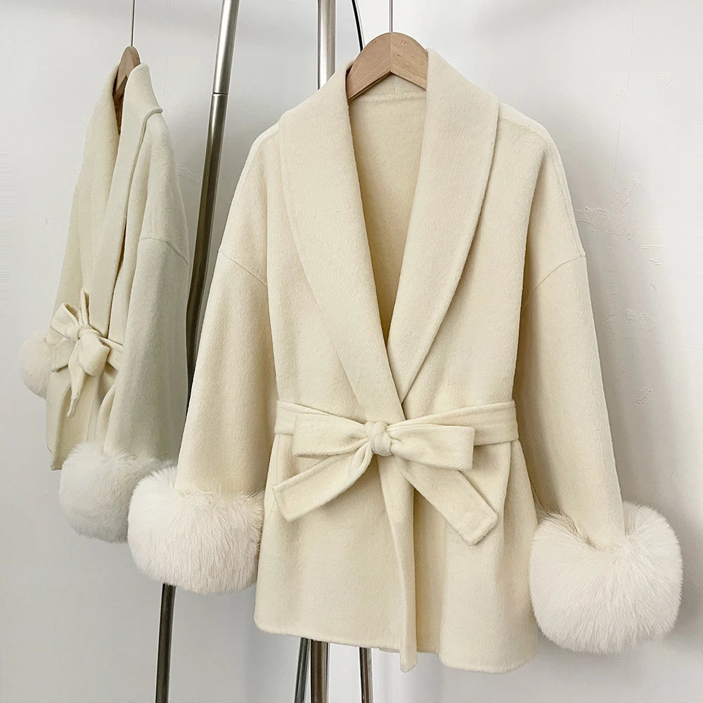 Wool Coat Faux Fur Women Overcoat Fake Fox Fur Patchwork Woolen Coat Fur Eco-friendly Lady Wool Jacket Artificial Autumn Spring