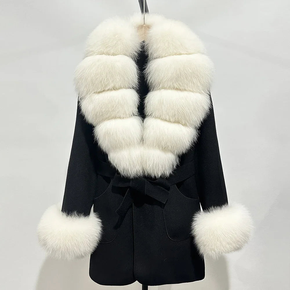 Fur Coat Natural Fur Collar Real Fox Fur Overcoat Female 2025 Autumn Winter Wool Coat Women Clothes Cuffs Woolen Jacket