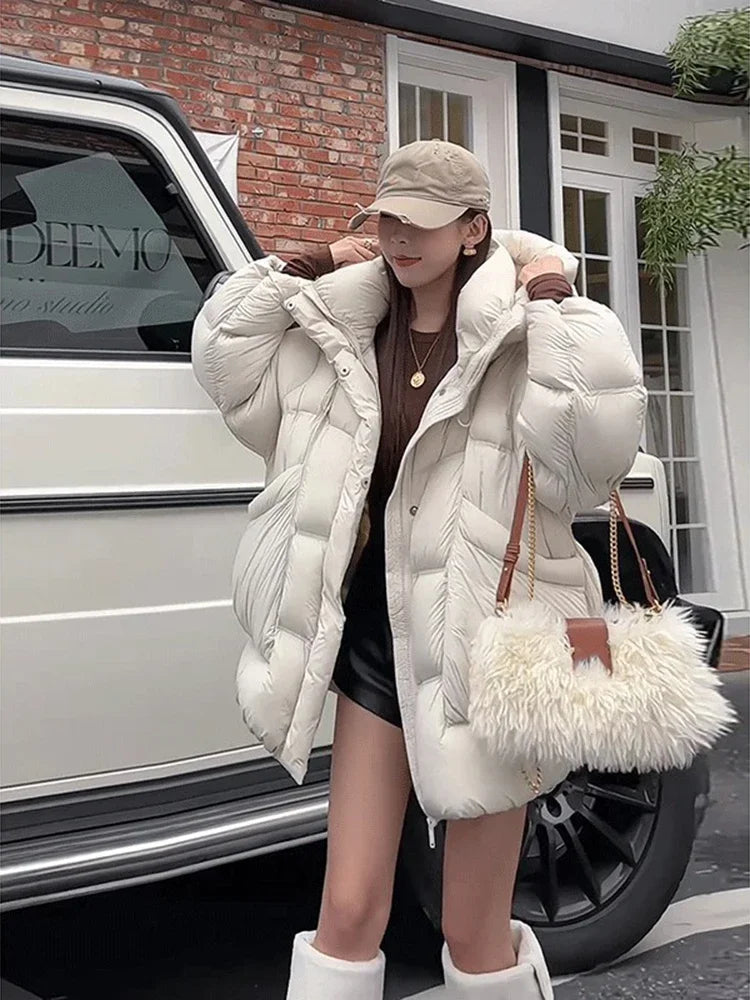 Winter New Puff Down Jacket Female Thickened White Duck Down Warm Coat Women Medium-length Loose Solid Thick Hooded Overcoat