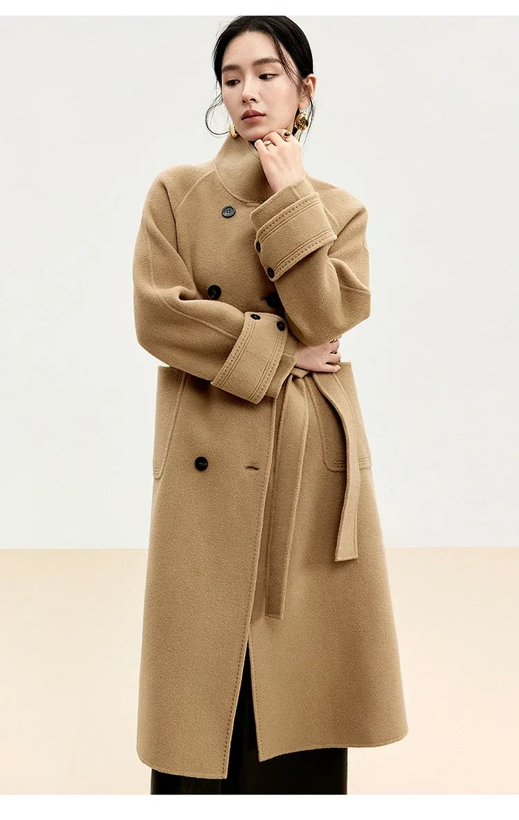 Korean Style 100% Wool Coats for Women 2024 Winter Oversize Warm Double Breasted Stand Neck Belted Outerwear W44O56385