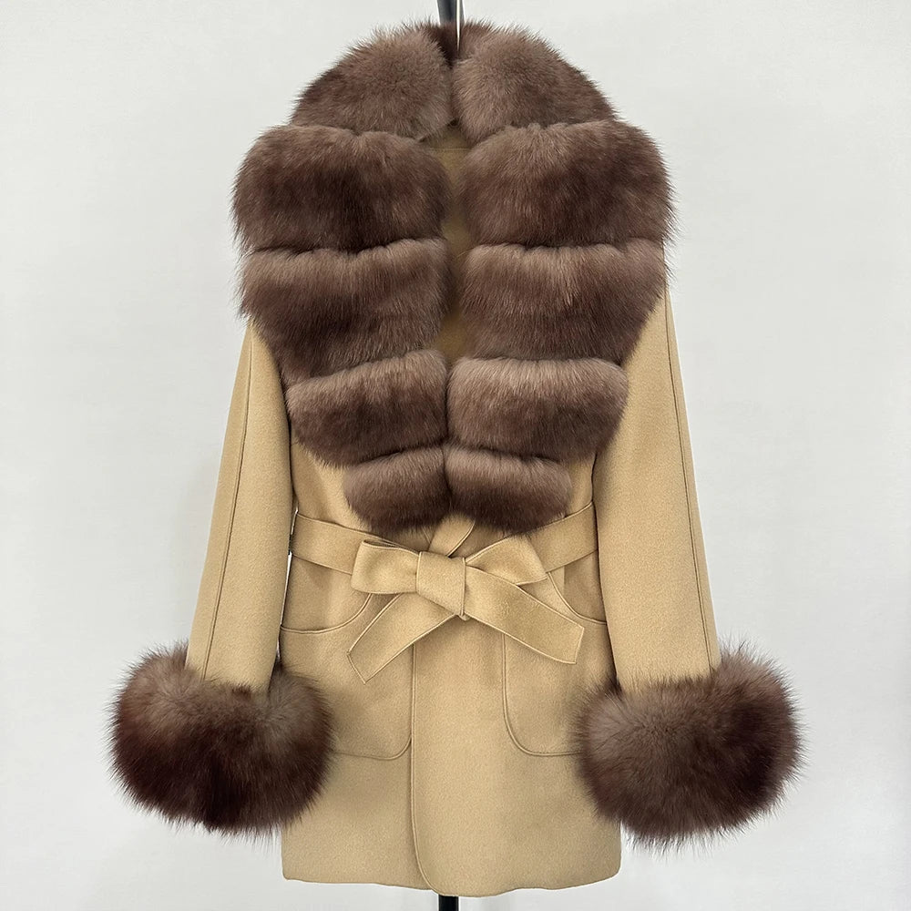 Fur Coat Natural Fur Collar Real Fox Fur Overcoat Female 2025 Autumn Winter Wool Coat Women Clothes Cuffs Woolen Jacket