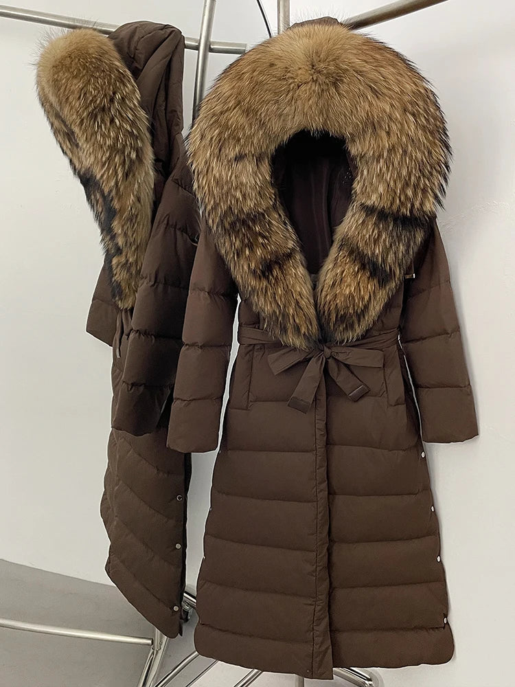 Hooded Winter White Duck Down Coat Large Real Fox Fur Collar X-Long Puffer Jacket Women Thick Female Parkas With Belt