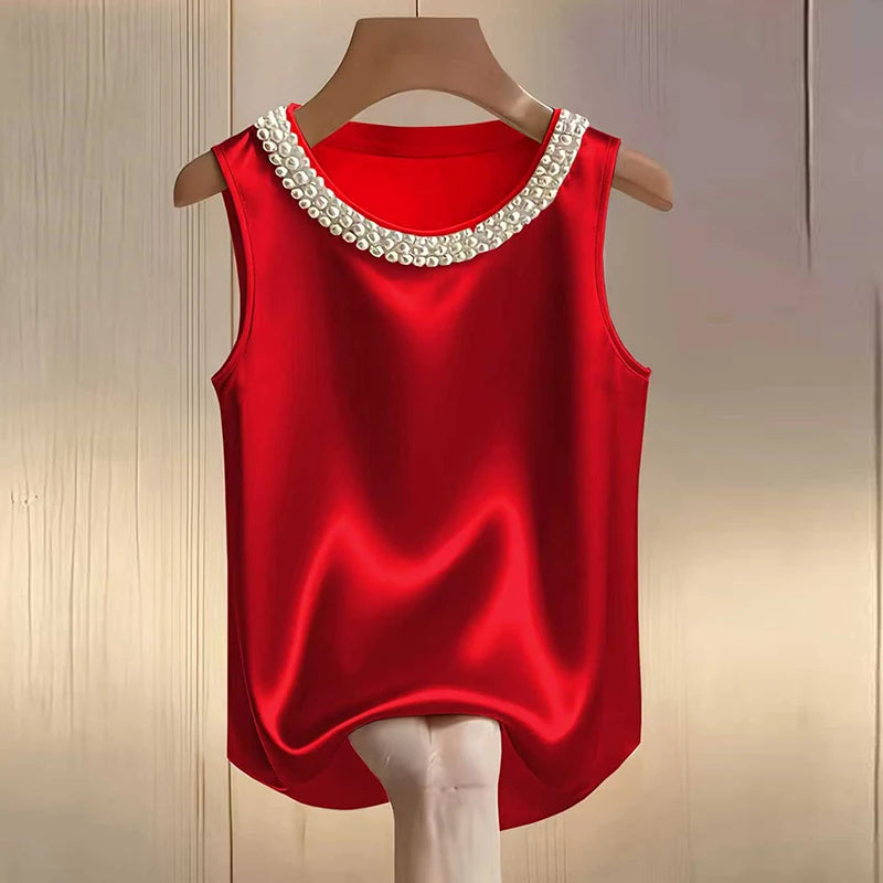 Elegant Satin Beaded Tank Top