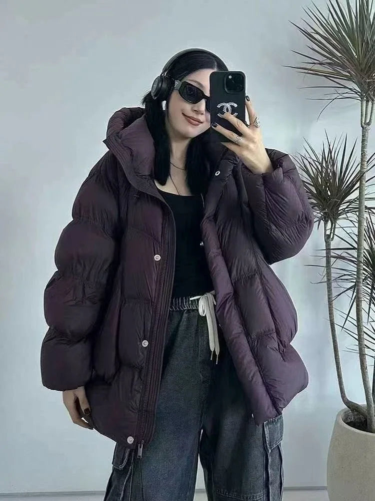 Winter New Puff Down Jacket Female Thickened White Duck Down Warm Coat Women Medium-length Loose Solid Thick Hooded Overcoat