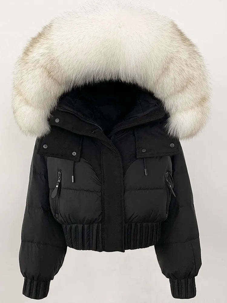 CXFS 2025 Winter Jacket Women Short Natural Real Raccoon Fox Fur Collar Hooded White Duck Down Coat Thick Warm Casual Outerwear
