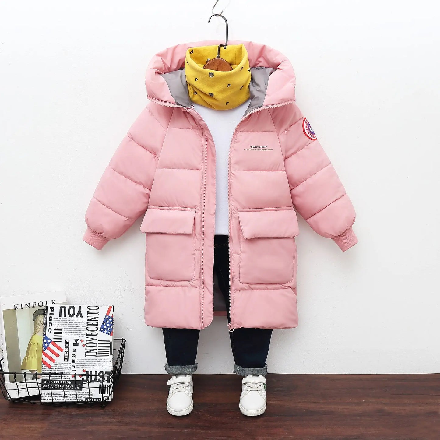 Children Down Cotton Winter Jacket Baby Boys Girls Korean Version Style Medium And Long Size Hooded Coat Baby Outerwear