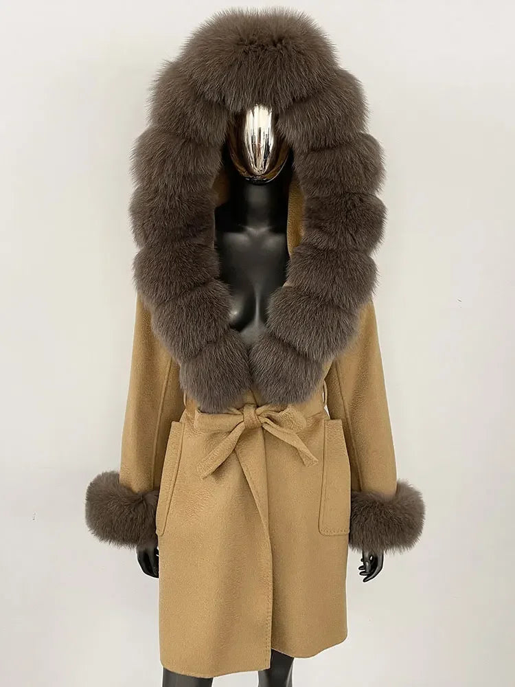 Natural Real Fox Fur Hooded Pocket Winter Jacket  100% Blends Wool Coat Women Loose Outerwear Casual Outerwear Streetwear