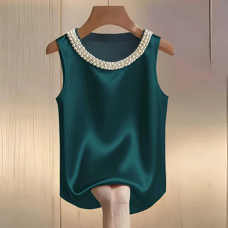 Elegant Satin Beaded Tank Top