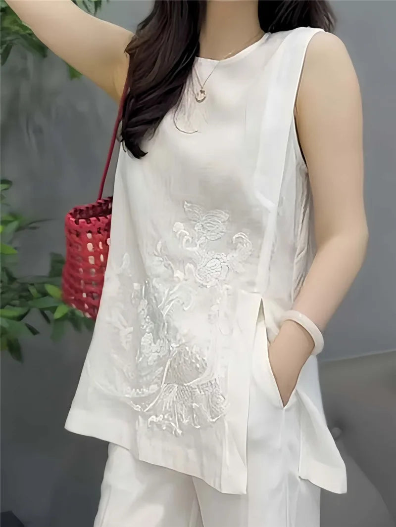 White Sleeveless Floral Embroidery Long Vest – Summer Chiffon Tank Top
