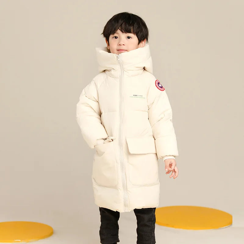 Children Down Cotton Winter Jacket Baby Boys Girls Korean Version Style Medium And Long Size Hooded Coat Baby Outerwear