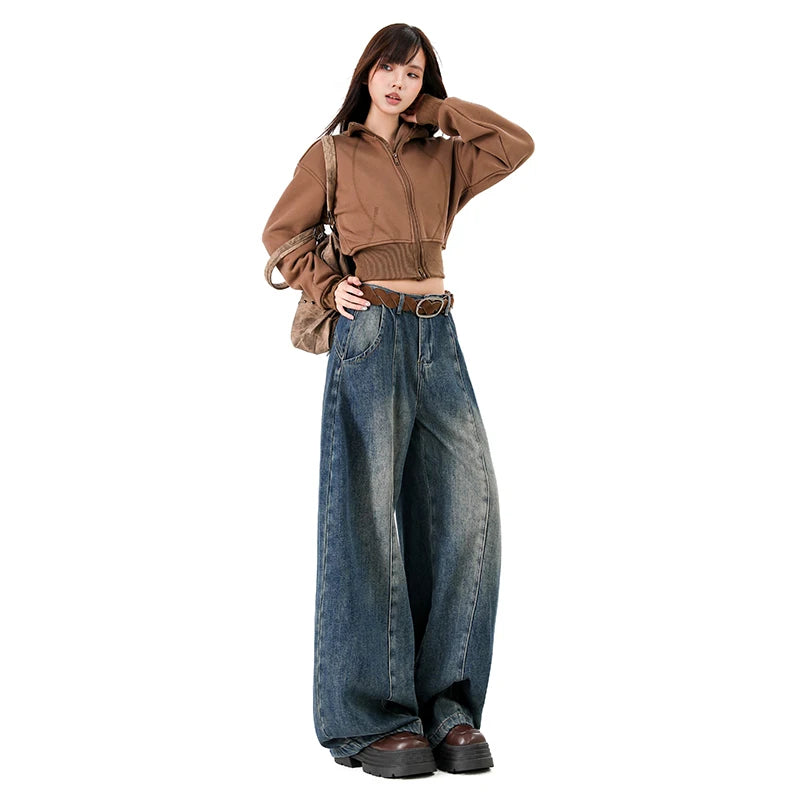 American Retro Plush Curved Knife Jeans – Autumn/Winter Wide-Leg Denim