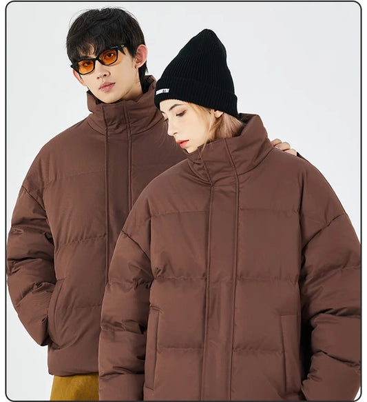 Unisex stand collar white solid color down Jacket Warm  Jackets Winter coat Loose Casual thick cotton Padded filled overCoat