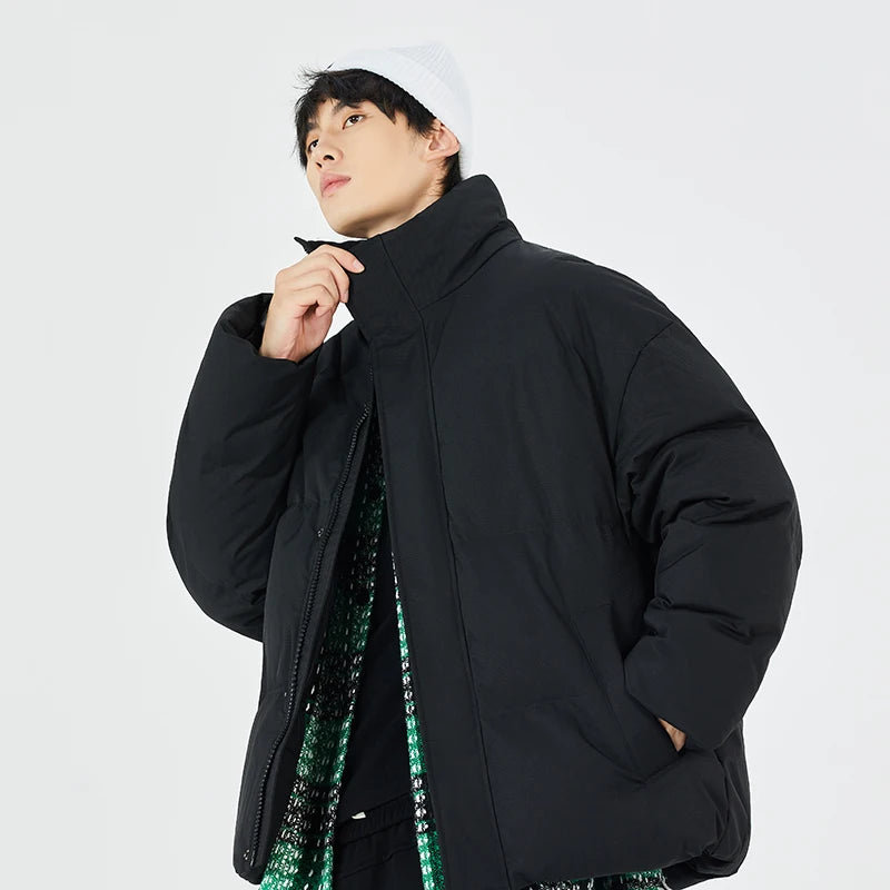 Unisex stand collar white solid color down Jacket Warm  Jackets Winter coat Loose Casual thick cotton Padded filled overCoat