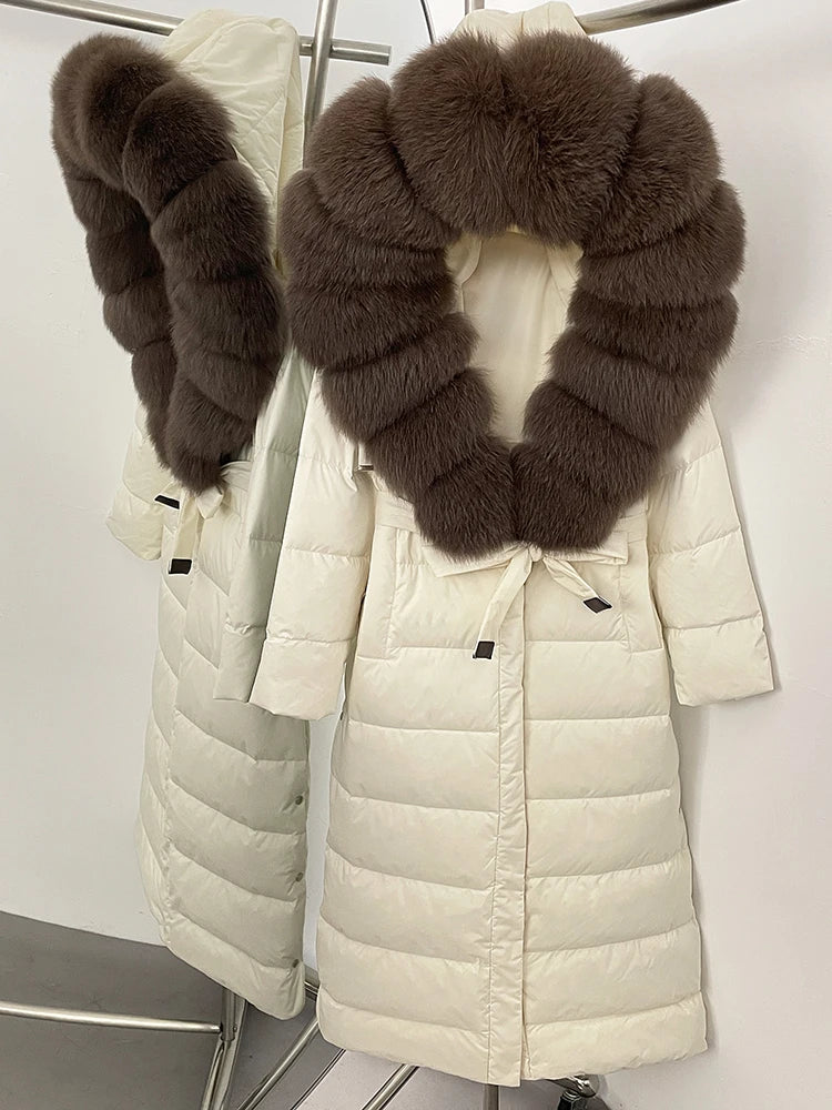 Hooded Winter White Duck Down Coat Large Real Fox Fur Collar X-Long Puffer Jacket Women Thick Female Parkas With Belt
