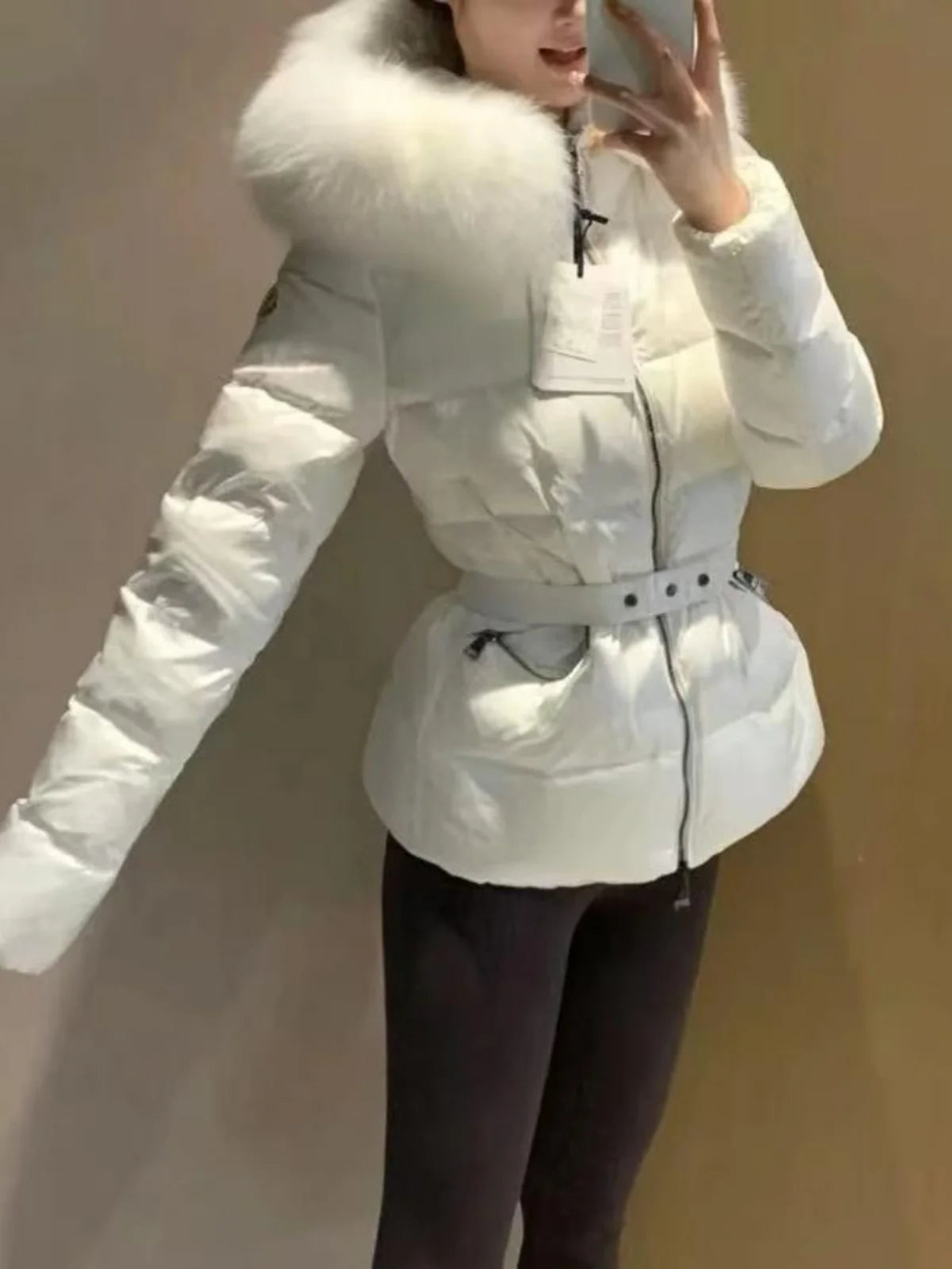 Winter Big Fur Collar Hooded Thickened Warm Jacket Korean Fashion Belt Slim Jacket Women Office Lady Solid Color Versatile Coat