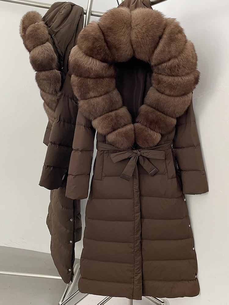 Hooded Winter White Duck Down Coat Large Real Fox Fur Collar X-Long Puffer Jacket Women Thick Female Parkas With Belt