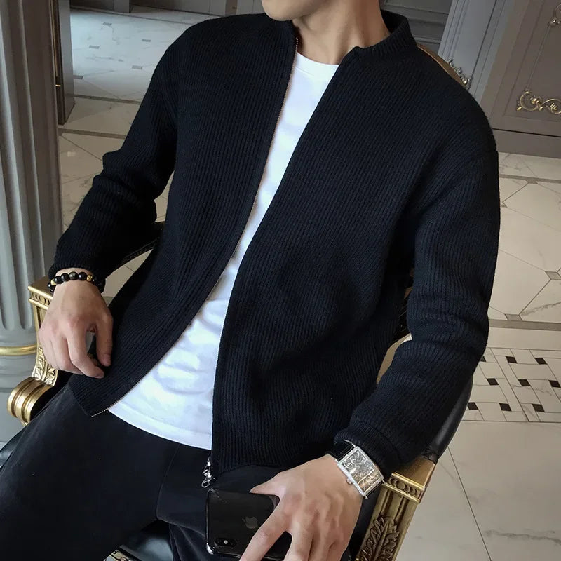Zipper Cardigan Men V Neck Sweaters Flat Knitted Long Sleeve Jumpers Solid Loose Sweater Casual Slight Strech Winter 2024